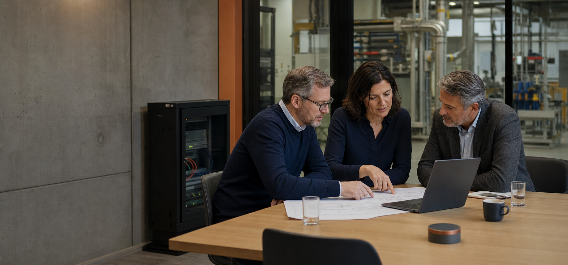 Drei erfahrene Fachleute planen gemeinsam eine technische Lösung in einem Betriebsumfeld